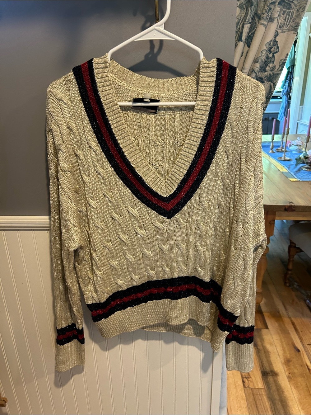 Tuckernuck Cream Cable Knit V-Neck Sweater with Red & Black Trim